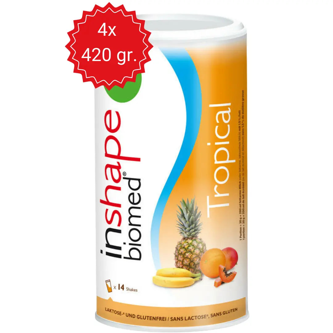 InShape Biomed Tropical Mahlzeitersatz Pulver, 4x420 g Packung, fruchtiger Diätshake aus der Schweiz